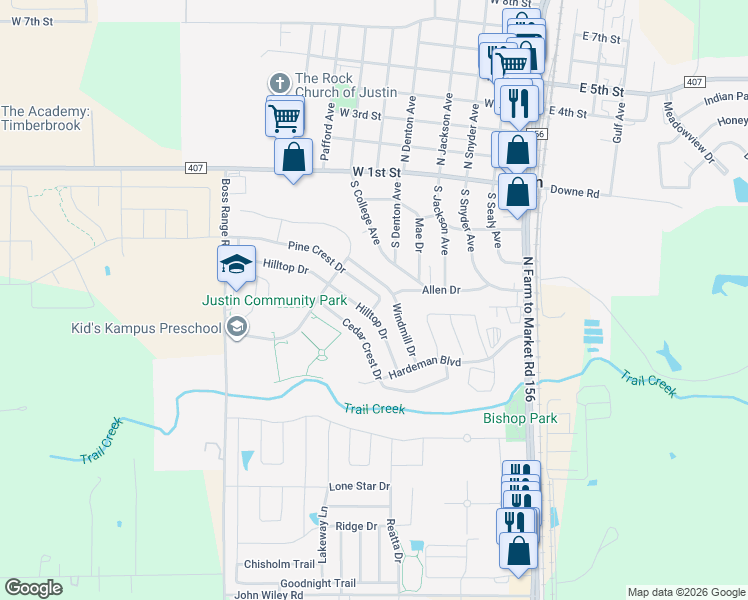 map of restaurants, bars, coffee shops, grocery stores, and more near 237 Pine Crest Drive in Justin