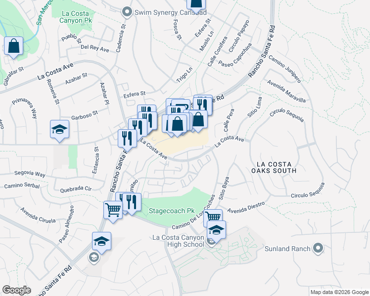 map of restaurants, bars, coffee shops, grocery stores, and more near 3439 Via Montebello in Carlsbad