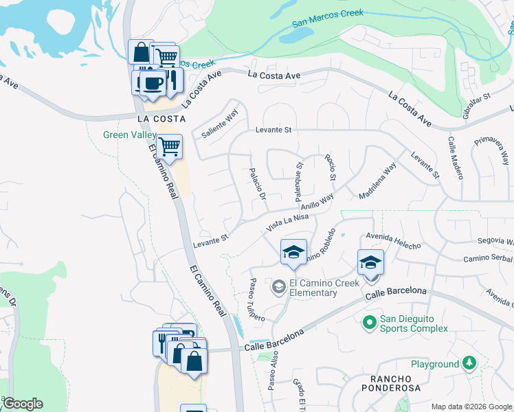 map of restaurants, bars, coffee shops, grocery stores, and more near 7745 Palacio Drive in Carlsbad