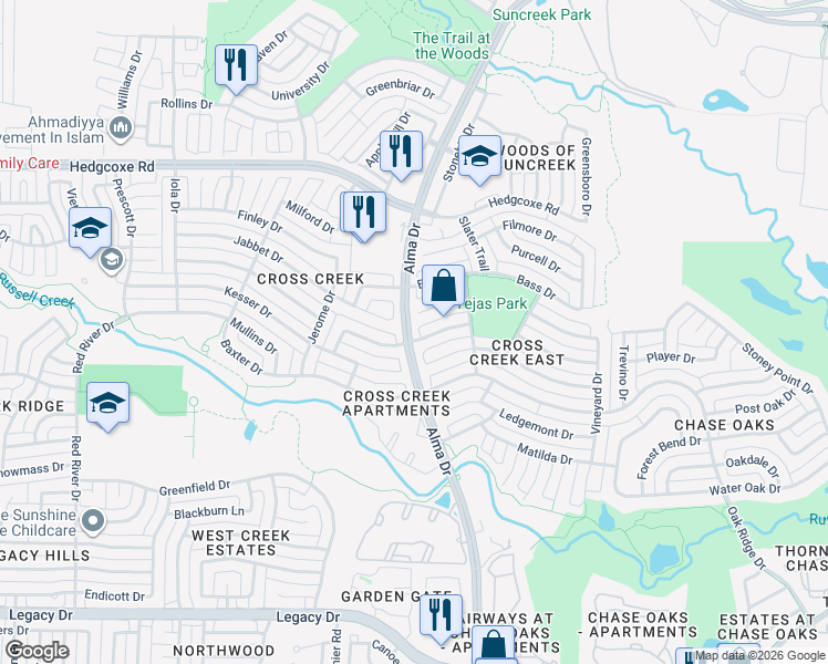 map of restaurants, bars, coffee shops, grocery stores, and more near 1100 Jabbet Circle in Plano
