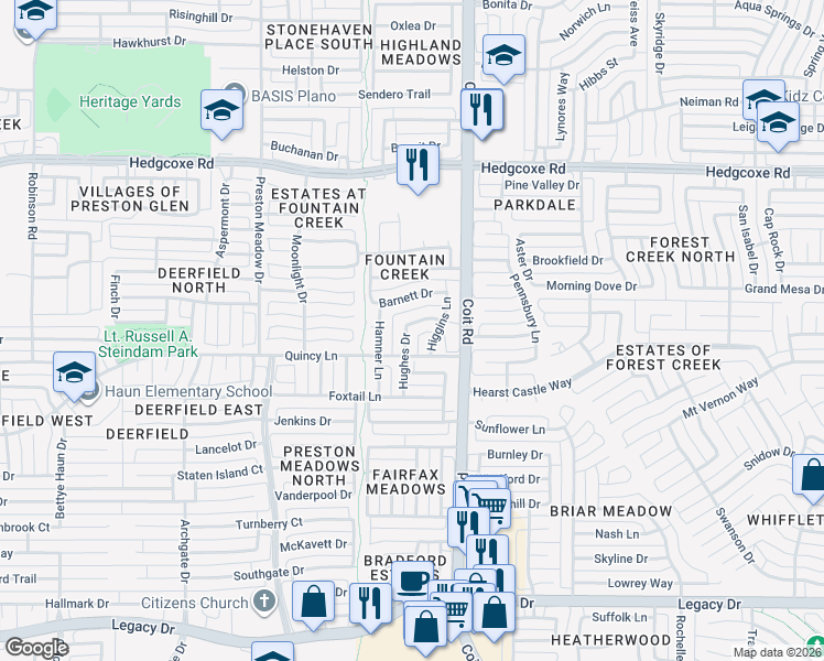 map of restaurants, bars, coffee shops, grocery stores, and more near 4021 Brewer Drive in Plano