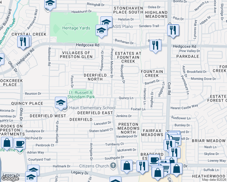 map of restaurants, bars, coffee shops, grocery stores, and more near 7608 Valleen Drive in Plano