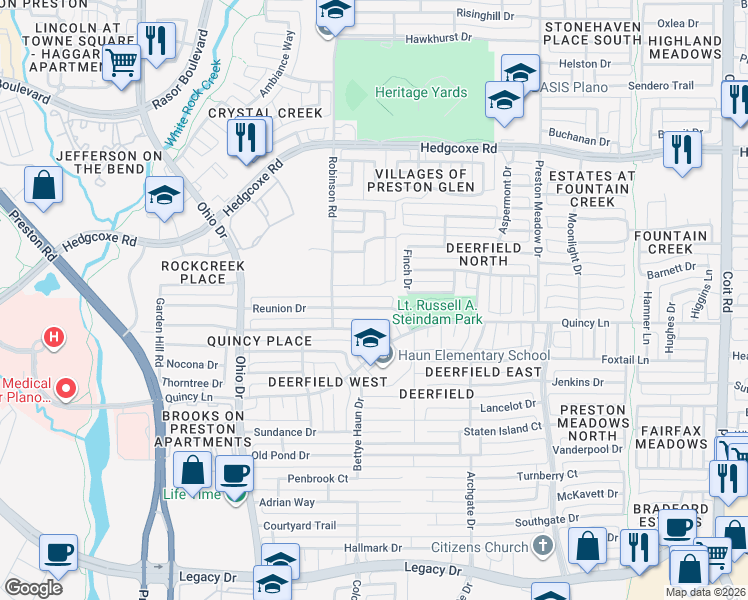 map of restaurants, bars, coffee shops, grocery stores, and more near 4536 Parkridge Drive in Plano