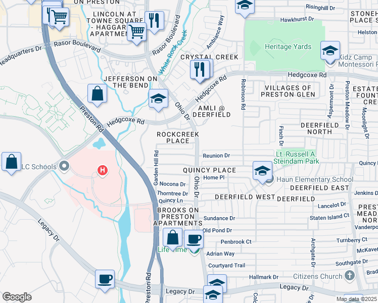 map of restaurants, bars, coffee shops, grocery stores, and more near 4716 Ridgedale Drive in Plano