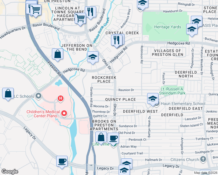 map of restaurants, bars, coffee shops, grocery stores, and more near 4716 Ridgedale Drive in Plano