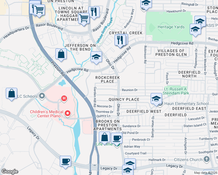 map of restaurants, bars, coffee shops, grocery stores, and more near 4716 Ridgedale Drive in Plano