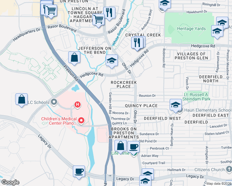 map of restaurants, bars, coffee shops, grocery stores, and more near 4900 Ridgedale Drive in Plano
