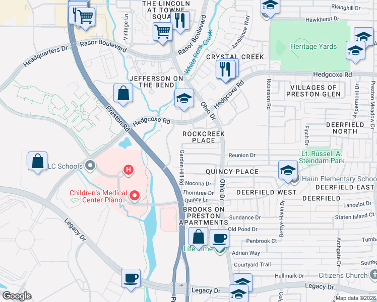 map of restaurants, bars, coffee shops, grocery stores, and more near 4824 Ridgedale Drive in Plano