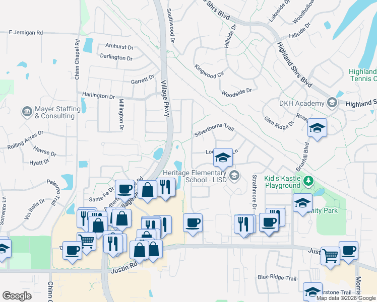 map of restaurants, bars, coffee shops, grocery stores, and more near 3020 Fairland Drive in Highland Village