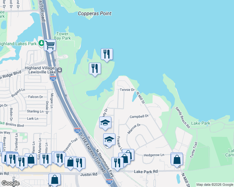 map of restaurants, bars, coffee shops, grocery stores, and more near 101 West Shore Drive in Lewisville