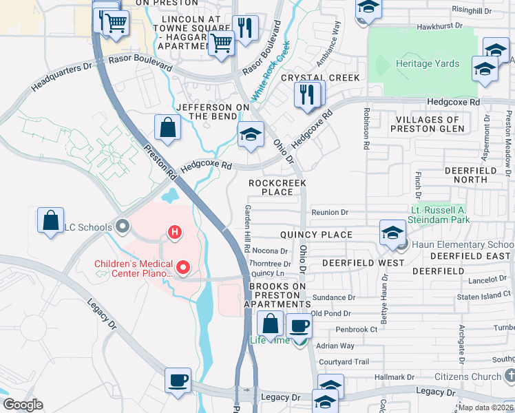 map of restaurants, bars, coffee shops, grocery stores, and more near 4900 Ridgedale Drive in Plano