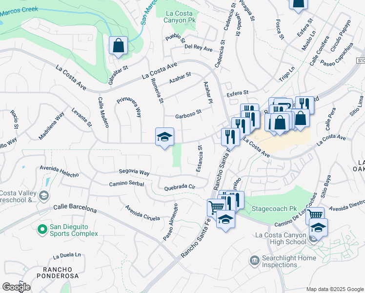 map of restaurants, bars, coffee shops, grocery stores, and more near 3101 Levante Street in Carlsbad