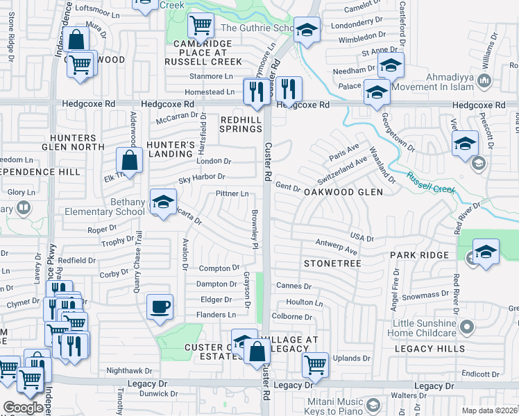 map of restaurants, bars, coffee shops, grocery stores, and more near 2122 Merksem Court in Plano