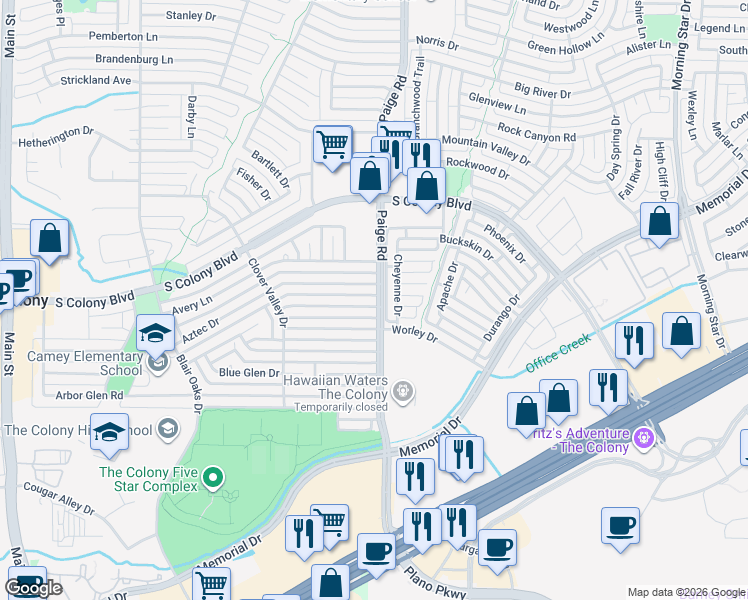 map of restaurants, bars, coffee shops, grocery stores, and more near 5232 Aztec Drive in The Colony