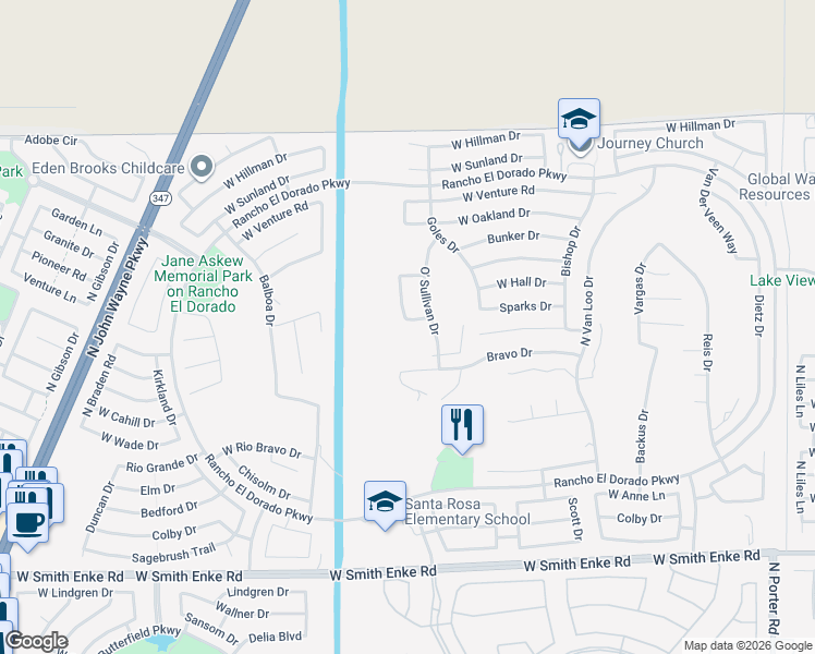 map of restaurants, bars, coffee shops, grocery stores, and more near 42857 Sparks Lane in Maricopa