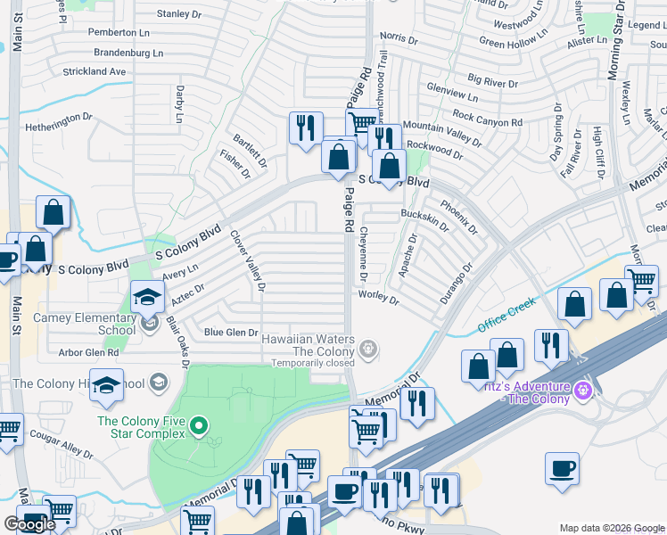 map of restaurants, bars, coffee shops, grocery stores, and more near 5232 Aztec Drive in The Colony