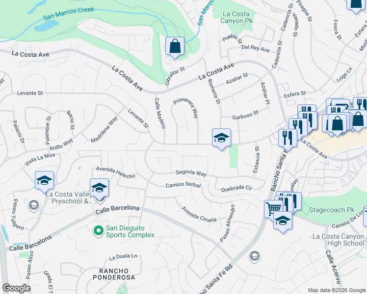 map of restaurants, bars, coffee shops, grocery stores, and more near 7753 Primavera Way in Carlsbad