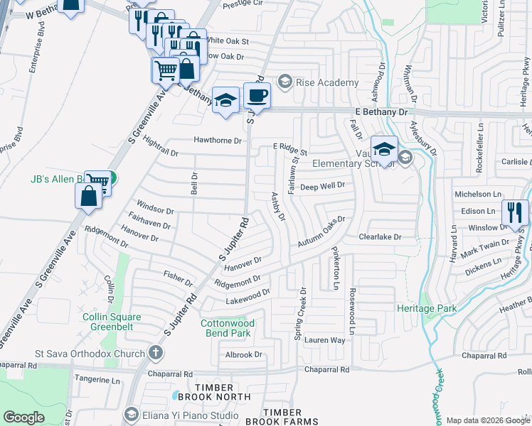 map of restaurants, bars, coffee shops, grocery stores, and more near 603 Windsor Drive in Allen