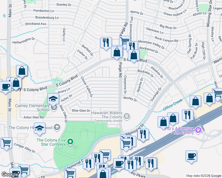 map of restaurants, bars, coffee shops, grocery stores, and more near 5232 Aztec Drive in The Colony