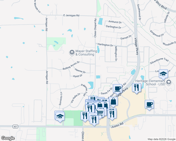 map of restaurants, bars, coffee shops, grocery stores, and more near 815 Hawse Drive in Lewisville
