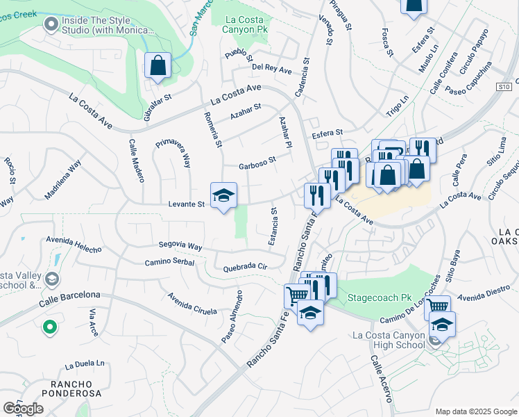 map of restaurants, bars, coffee shops, grocery stores, and more near 3104 Levante Street in Carlsbad