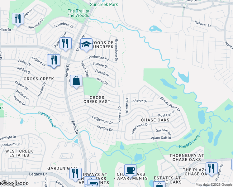 map of restaurants, bars, coffee shops, grocery stores, and more near 7800 Roberta Drive in Plano