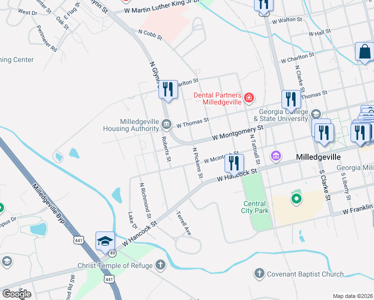 map of restaurants, bars, coffee shops, grocery stores, and more near 1020 West Montgomery Street in Milledgeville