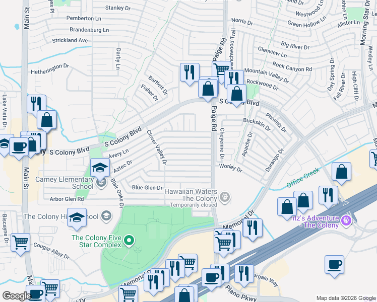 map of restaurants, bars, coffee shops, grocery stores, and more near 5200 Aztec Drive in The Colony