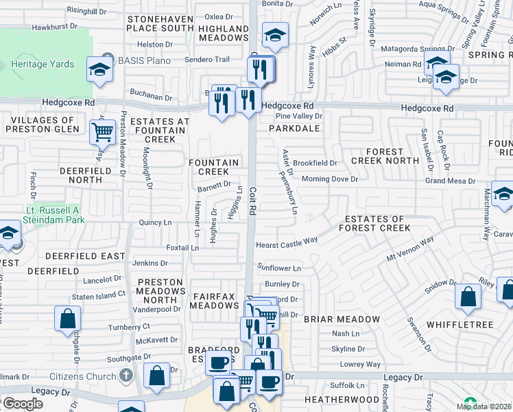 map of restaurants, bars, coffee shops, grocery stores, and more near 3933 Woodlawn Lane in Plano