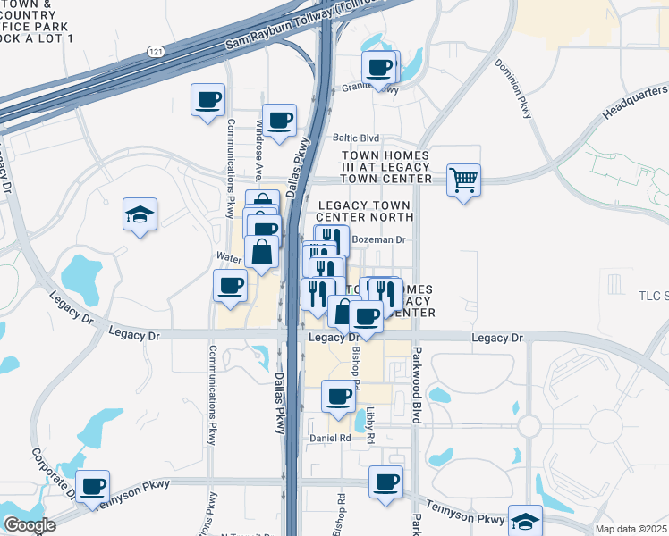 map of restaurants, bars, coffee shops, grocery stores, and more near Legacy Circle in Plano