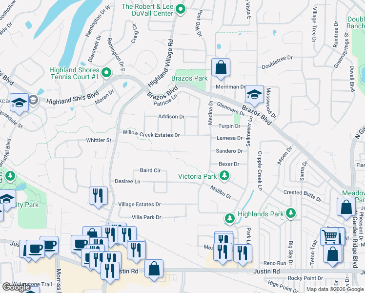 map of restaurants, bars, coffee shops, grocery stores, and more near 134 Willow Creek Estates Drive in Highland Village