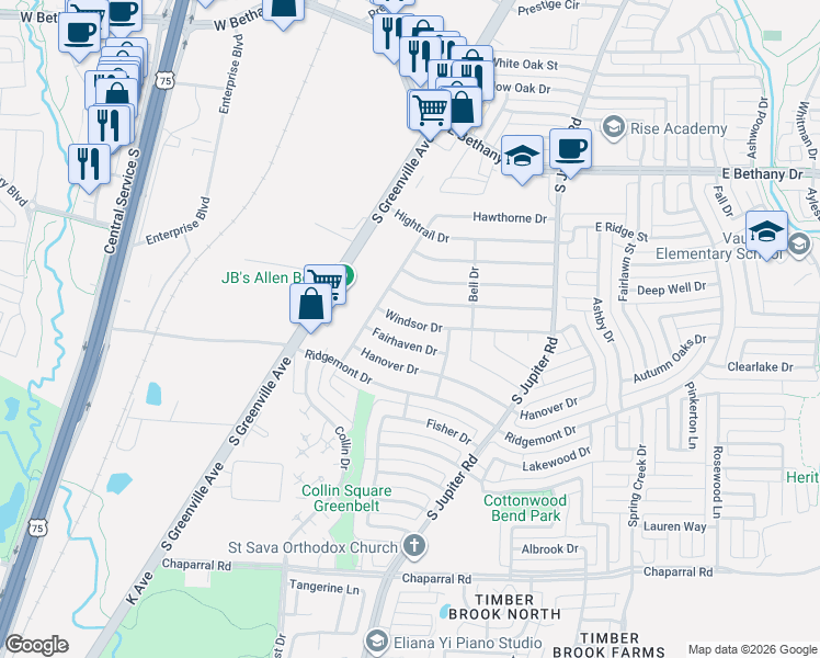 map of restaurants, bars, coffee shops, grocery stores, and more near 519 Windsor Drive in Allen