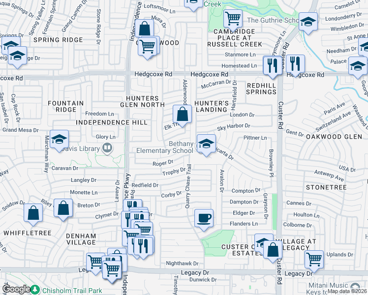 map of restaurants, bars, coffee shops, grocery stores, and more near 2517 Micarta Drive in Plano