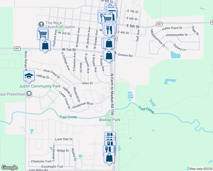 map of restaurants, bars, coffee shops, grocery stores, and more near 412 Farm to Market Road 156 in Justin