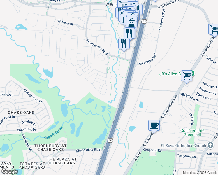 map of restaurants, bars, coffee shops, grocery stores, and more near 1055 Miller Road in Allen