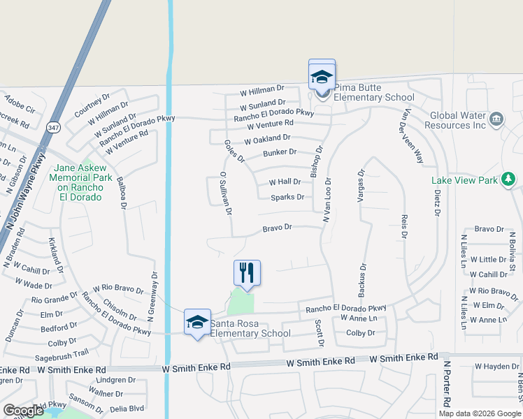 map of restaurants, bars, coffee shops, grocery stores, and more near 42521 Sparks Court in Maricopa