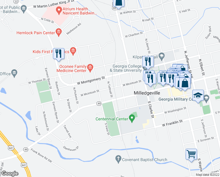 map of restaurants, bars, coffee shops, grocery stores, and more near 199 North Tattnall Street in Milledgeville