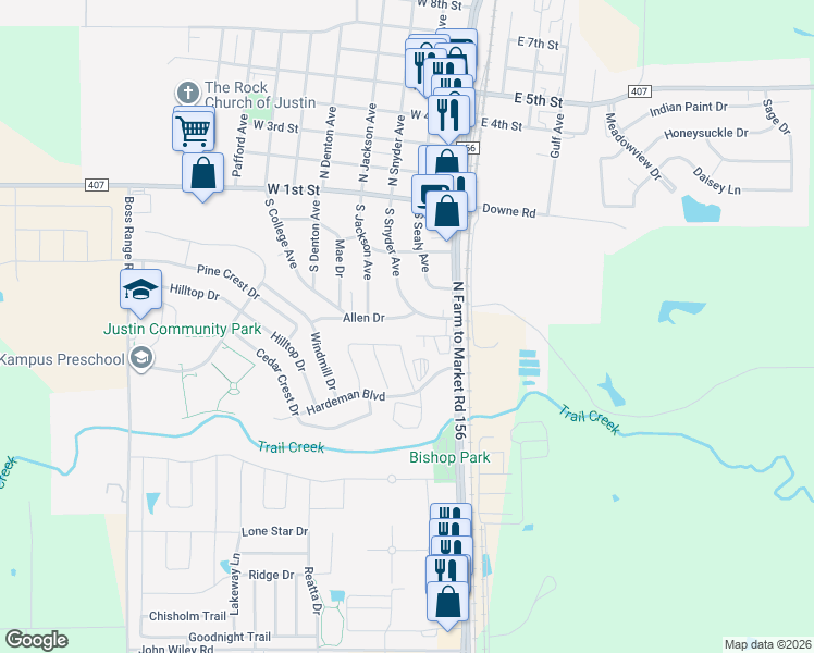 map of restaurants, bars, coffee shops, grocery stores, and more near 203 Allen Drive in Justin
