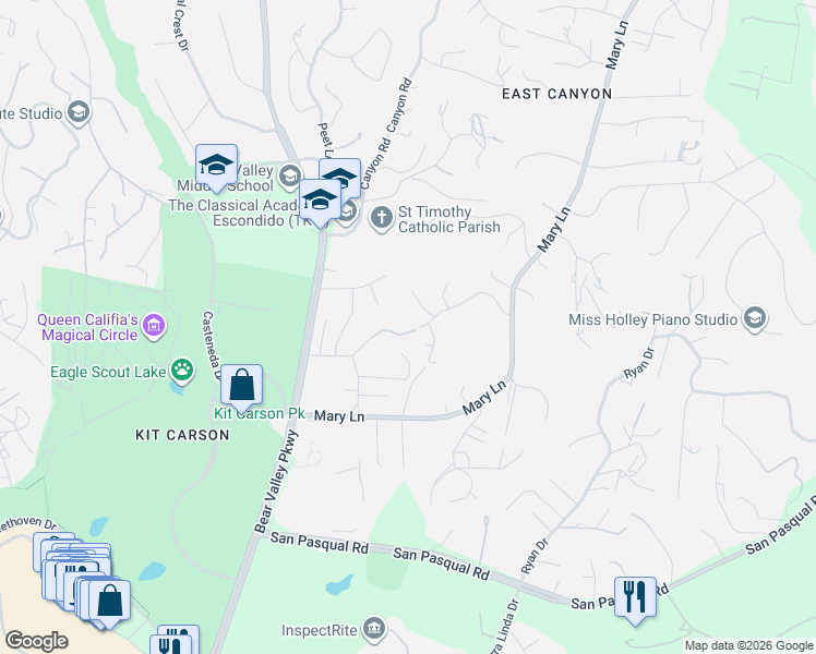 map of restaurants, bars, coffee shops, grocery stores, and more near 823 Needlerock Place in Escondido
