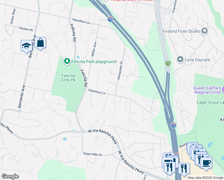 map of restaurants, bars, coffee shops, grocery stores, and more near 536 Clarence Lane in Escondido