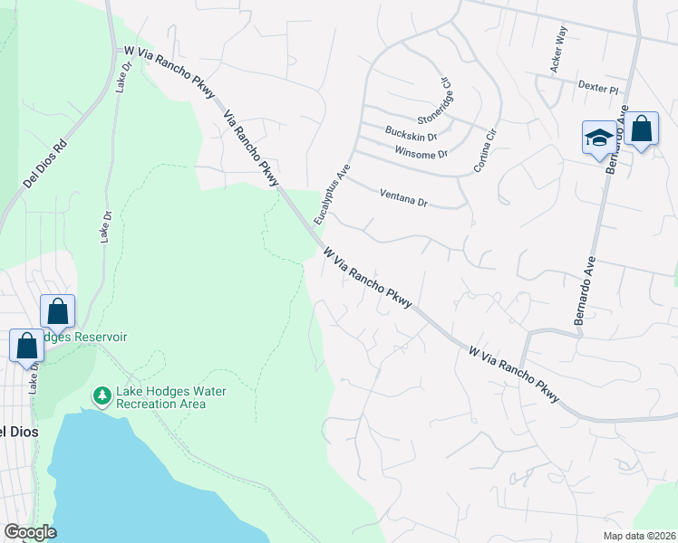 map of restaurants, bars, coffee shops, grocery stores, and more near 1608 Via Rancho Parkway in Escondido