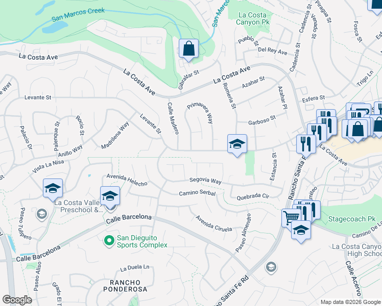 map of restaurants, bars, coffee shops, grocery stores, and more near 7753 Primavera Way in Carlsbad