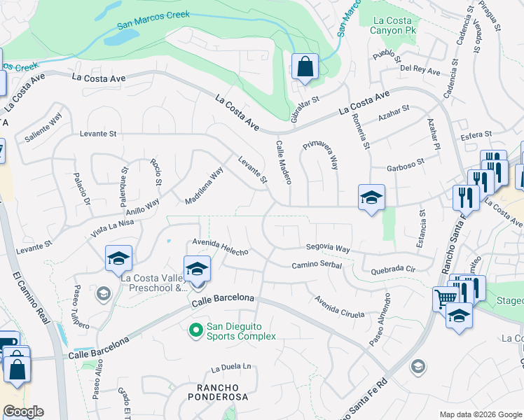 map of restaurants, bars, coffee shops, grocery stores, and more near 7720 Calina Way in Carlsbad