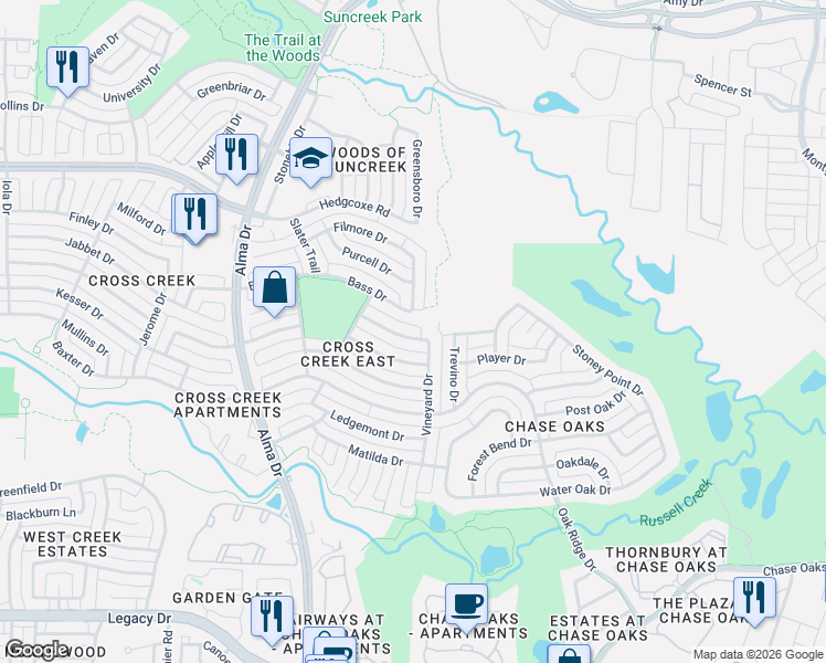 map of restaurants, bars, coffee shops, grocery stores, and more near 7800 Roberta Drive in Plano