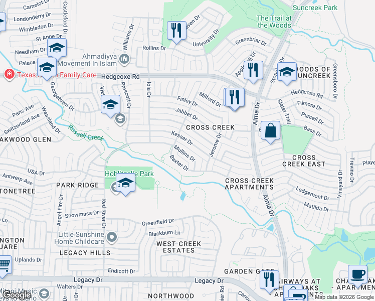 map of restaurants, bars, coffee shops, grocery stores, and more near 1329 Mullins Drive in Plano
