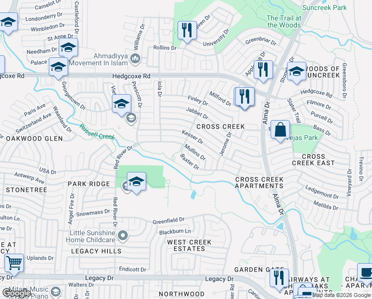 map of restaurants, bars, coffee shops, grocery stores, and more near 1329 Mullins Drive in Plano