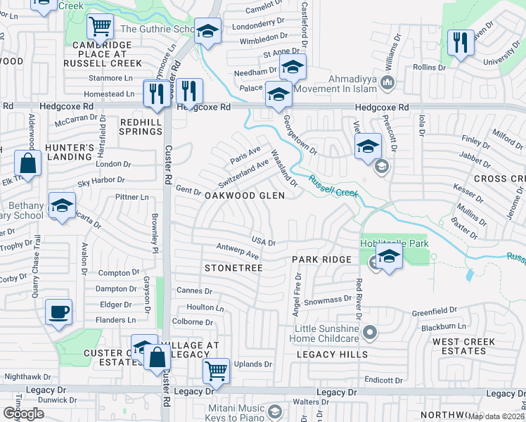 map of restaurants, bars, coffee shops, grocery stores, and more near 7600 England Drive in Plano