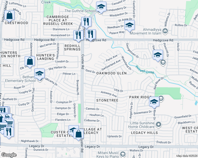 map of restaurants, bars, coffee shops, grocery stores, and more near 2025 Belgium Drive in Plano