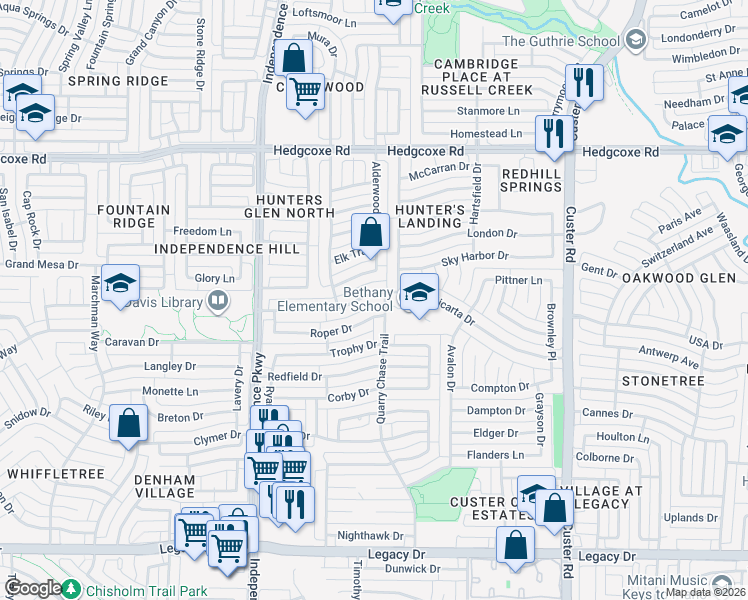 map of restaurants, bars, coffee shops, grocery stores, and more near 2517 Micarta Drive in Plano