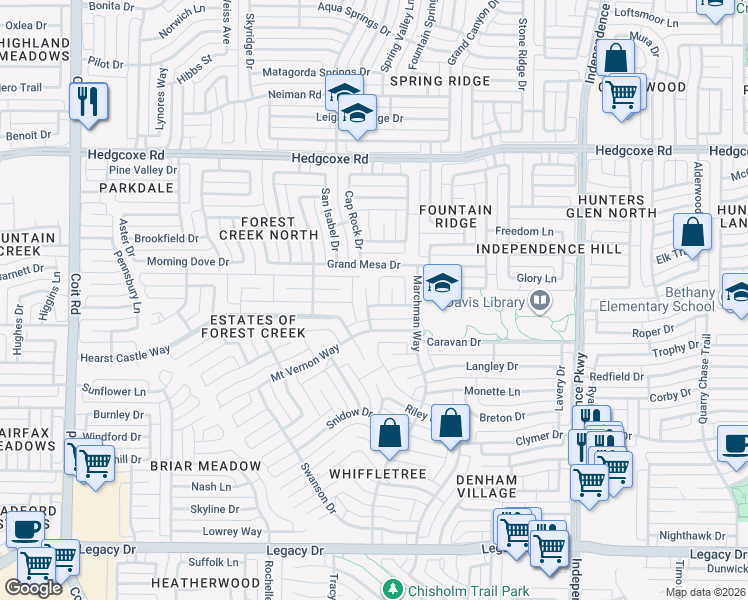 map of restaurants, bars, coffee shops, grocery stores, and more near 7612 Madewood Lane in Plano